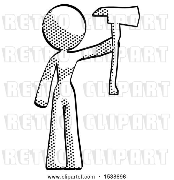 Clip Art of Retro Lady Holding up Red Fireman's Ax