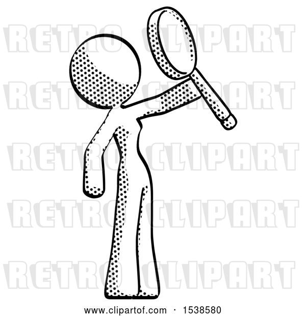 Clip Art of Retro Lady Inspecting with Large Magnifying Glass Facing up