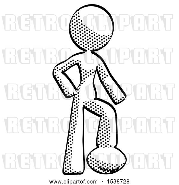 Clip Art of Retro Lady Standing with Foot on Football