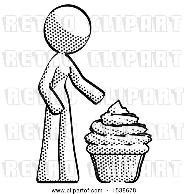Clip Art of Retro Lady with Giant Cupcake Dessert