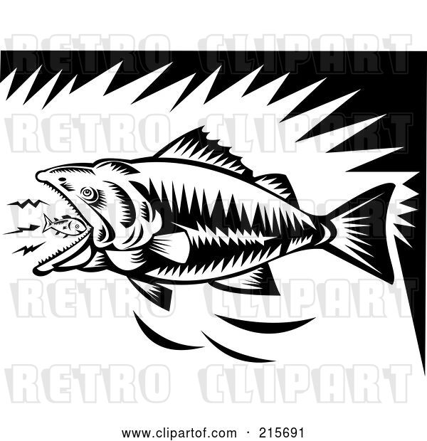 Clip Art of Retro Largemouth Bass Eating a Tiny Fish