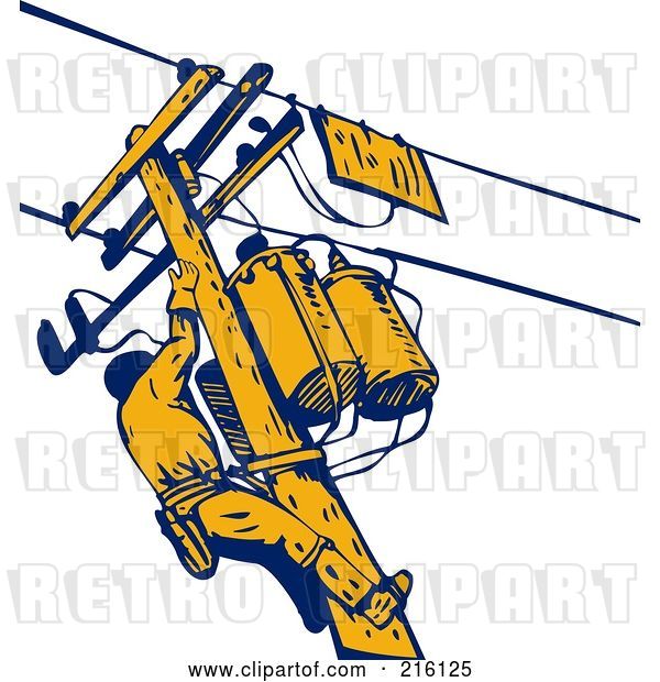 Clip Art of Retro Lineman on a Pole - 1