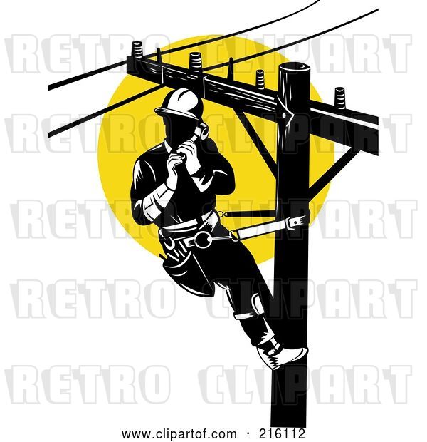 Clip Art of Retro Lineman on a Pole - 5