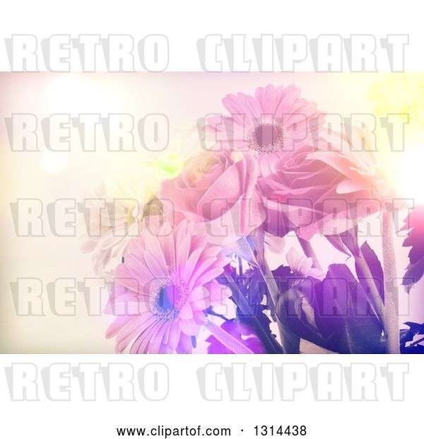 Clip Art of Retro Lit Floral Bouquet Background of Daisies and Roses