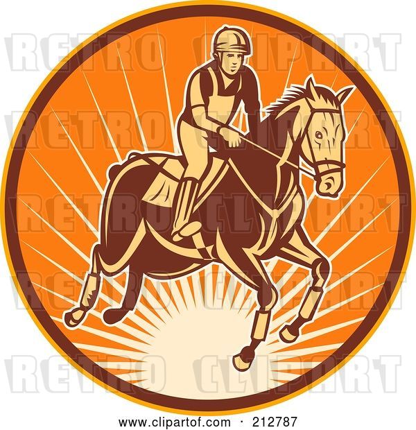 Clip Art of Retro Logo of a Jumping Equestrian and Horse