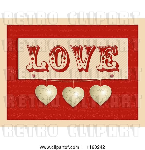Clip Art of Retro Love Plaque with Suspended Hearts over Red with a Beige Border