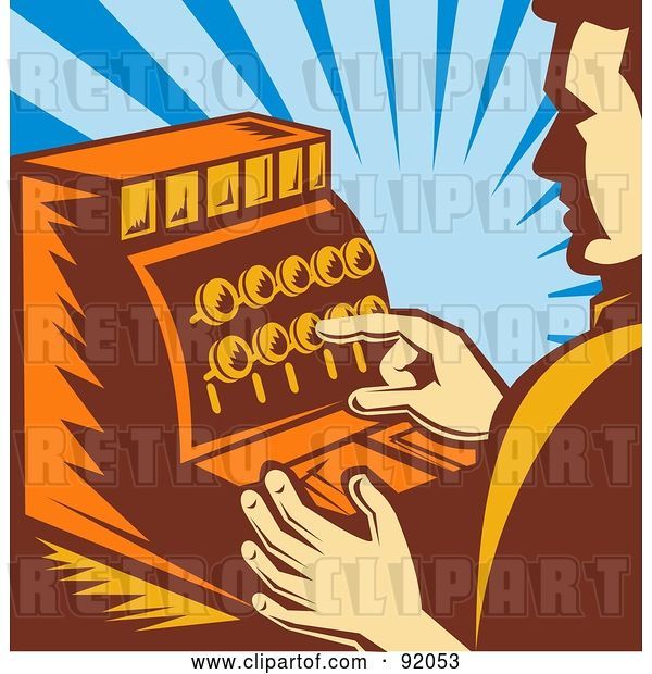 Clip Art of Retro Male Cashier Pushing Buttons on a Register