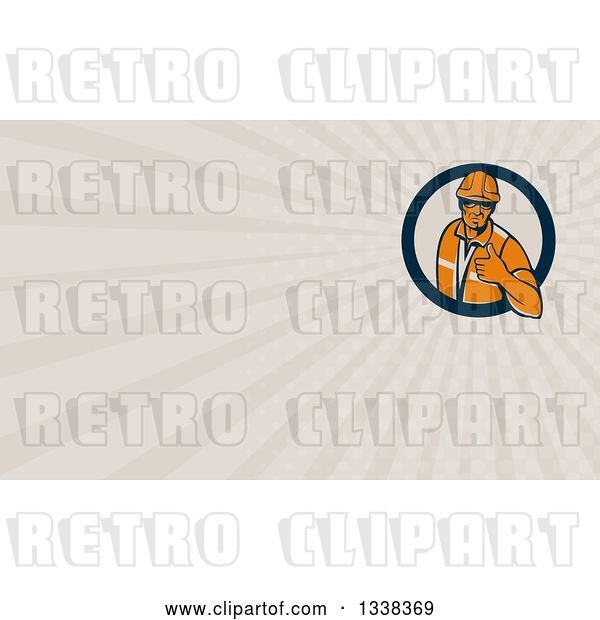 Clip Art of Retro Male Construction Worker Giving a Thumb up in a Circle and Taupe Rays Background or Business Card Design