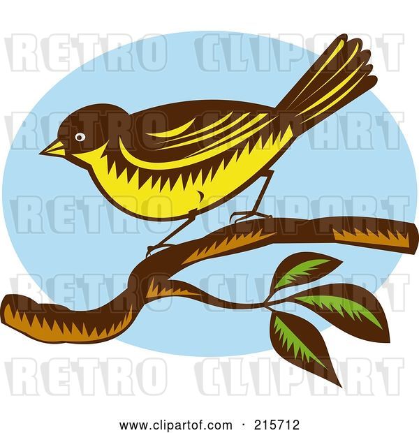 Clip Art of Retro New Zealand Fantail Bird (Rhipidura Fuliginosa) Perched on a Branch