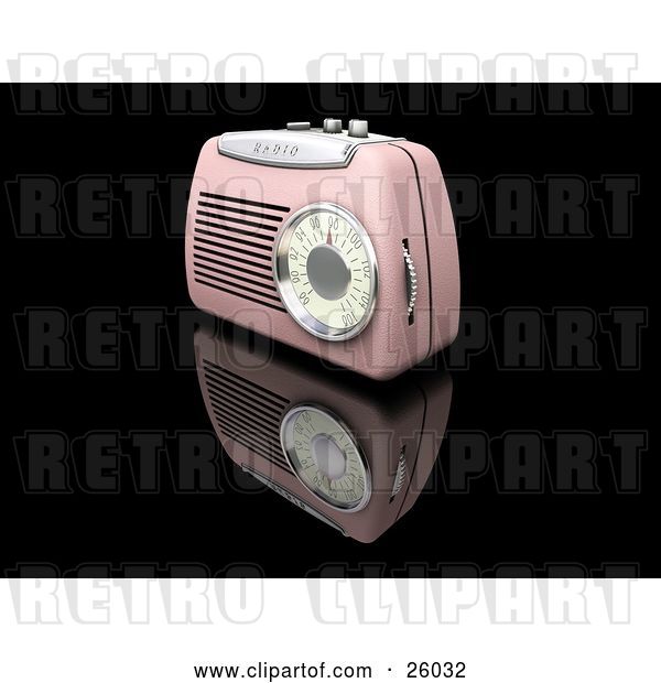 Clip Art of Retro Pink Radio with a Station Dial, on a Reflective Black Surface