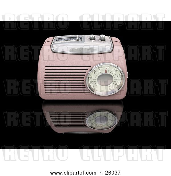 Clip Art of Retro Pink Radio with a Station Tuner, on a Reflective Black Surface