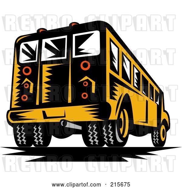 Clip Art of Retro Rear View of a Woodcut School Bus