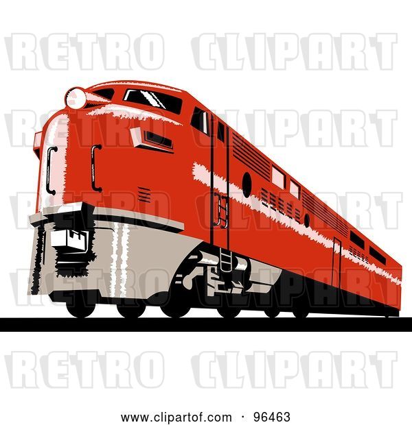 Clip Art of Retro Red Diesel Train from the Front Right View
