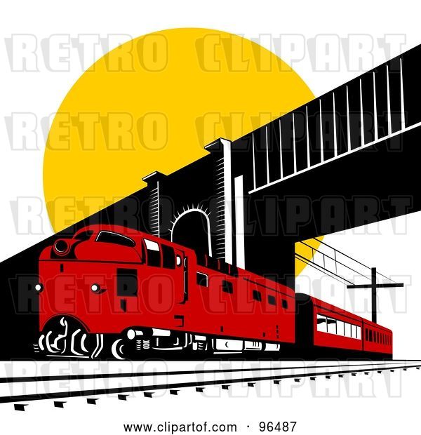 Clip Art of Retro Red Diesel Train Passing Under a Bridge Against the Sun