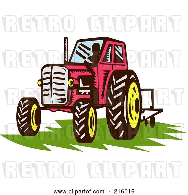 Clip Art of Retro Red Tractor on Grass