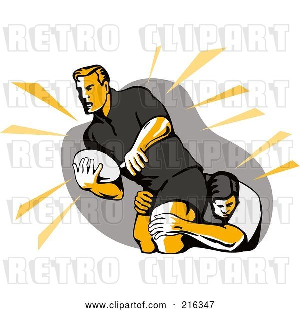 Clip Art of Retro Rugby Football Players in Action - 1
