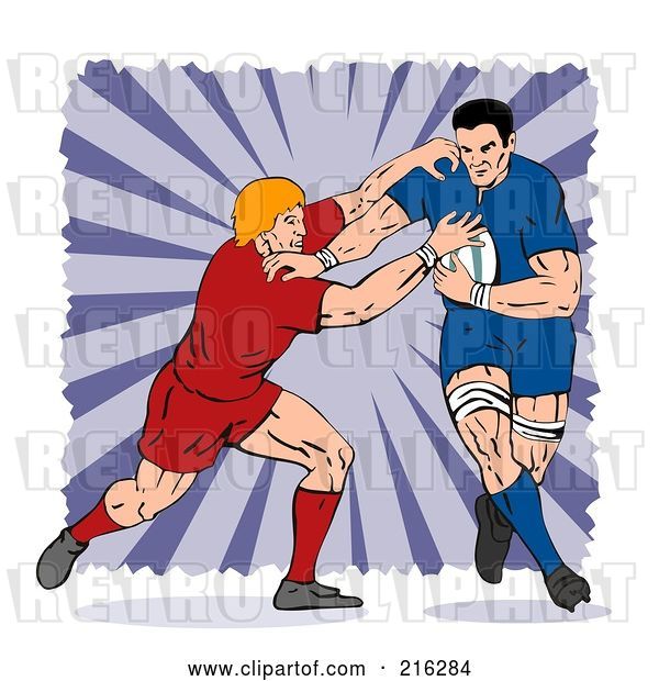Clip Art of Retro Rugby Football Players in Action - 2