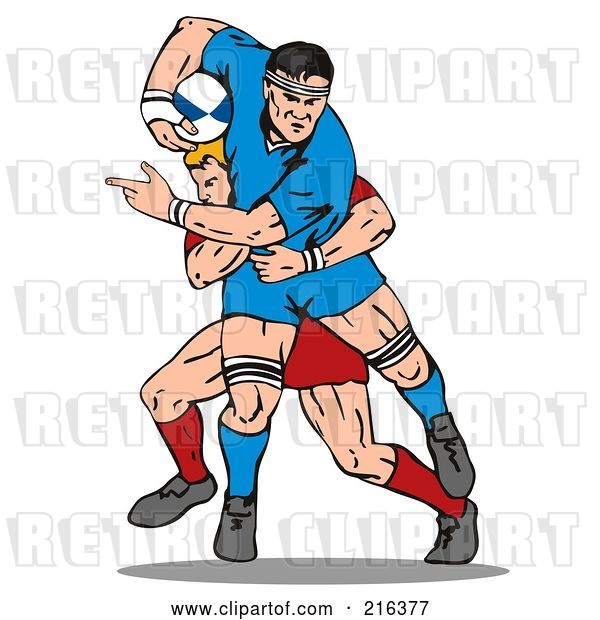 Clip Art of Retro Rugby Football Players in Action - 4