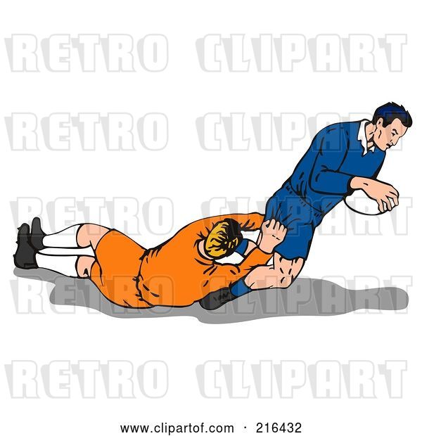 Clip Art of Retro Rugby Football Players in Action - 7