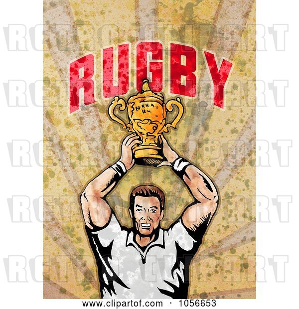 Clip Art of Retro Rugby Player Holding a Trophy, on Grunge with Text