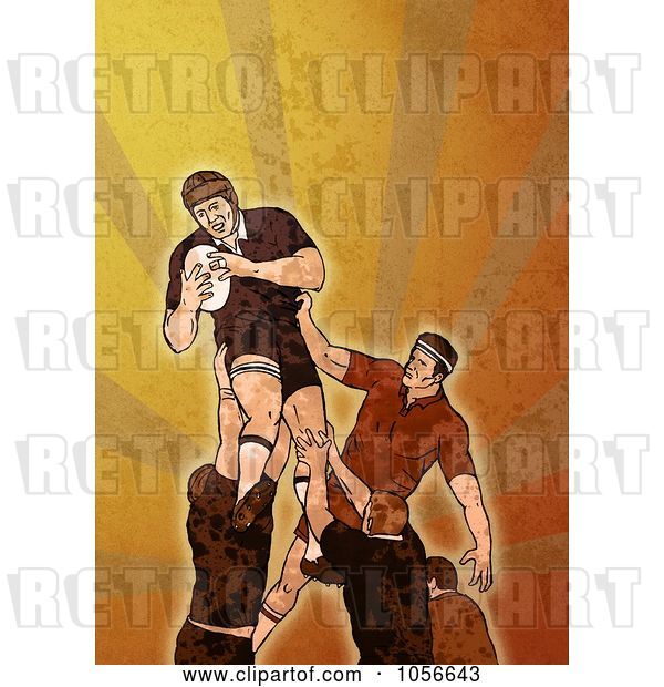 Clip Art of Retro Rugby Player Jumping, on Orange Grunge