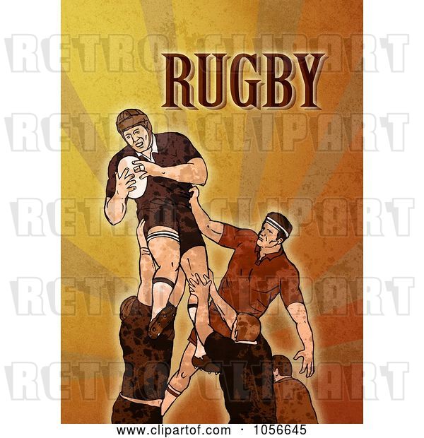 Clip Art of Retro Rugby Player Jumping, on Orange Grunge with Text