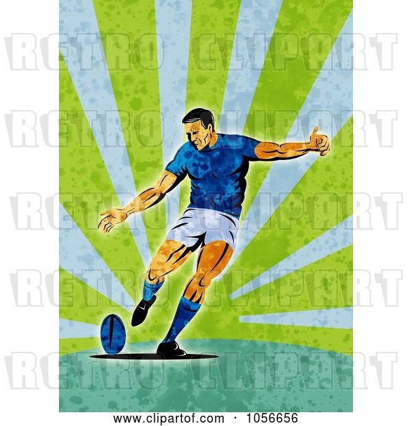 Clip Art of Retro Rugby Player Kicking, on Green Grunge