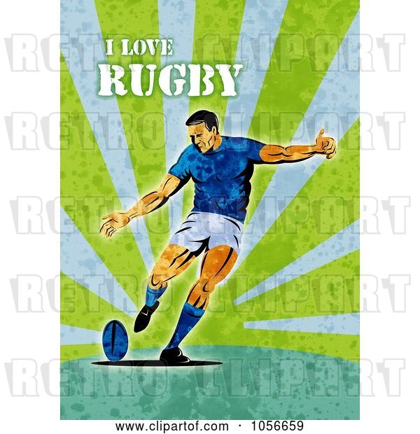 Clip Art of Retro Rugby Player Kicking, on Green Grunge with Text