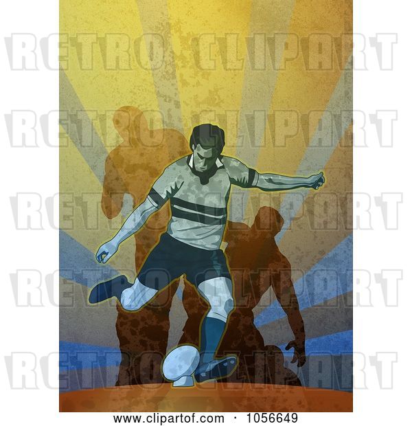 Clip Art of Retro Rugby Player Kicking, on Grunge
