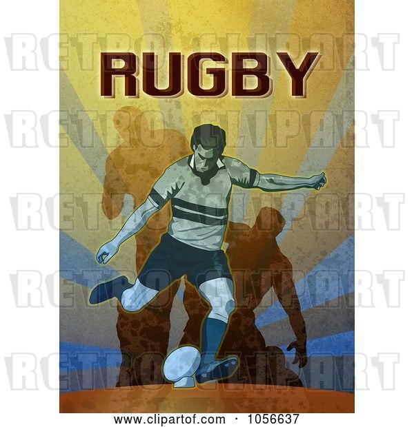 Clip Art of Retro Rugby Player Kicking, on Grunge with Text