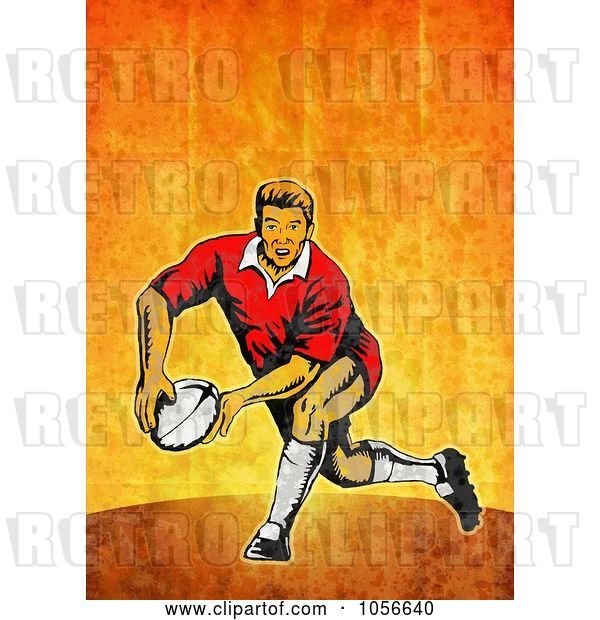 Clip Art of Retro Rugby Player Passing, on Orange Grunge
