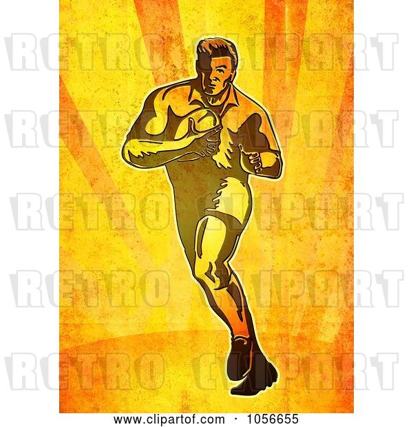 Clip Art of Retro Rugby Player Running on Grungy Orange