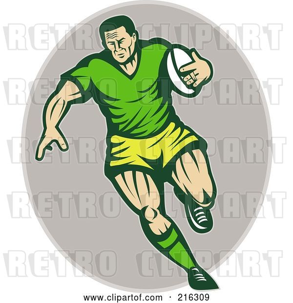 Clip Art of Retro Running Rugby Football Player on a Gray Oval