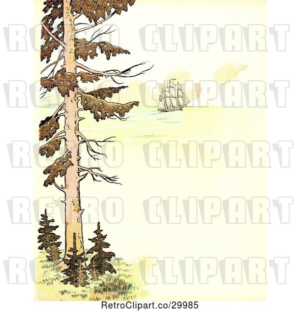 Clip Art of Retro Scene of a Tree and Tall Ship at Sea with Copyspace
