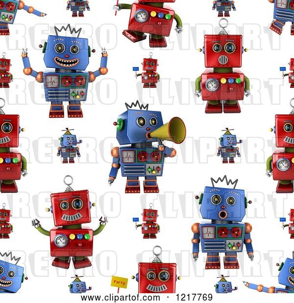 Clip Art of Retro Seamless Background of Red and Blue Robots on White