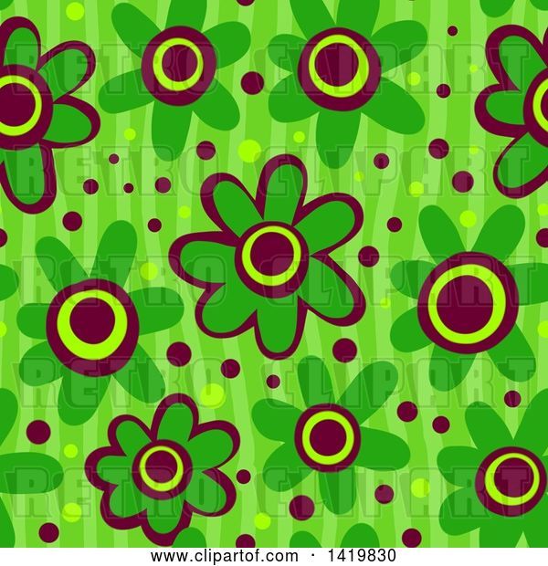 Clip Art of Retro Seamless Pattern Background of 60s Styled Green Daisy Flowers