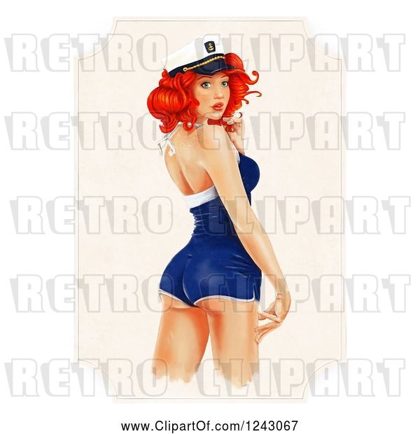 Clip Art of Retro Sexy Red Haired Sailor Girl Pinup Looking Back on a Frame of Beige, over White