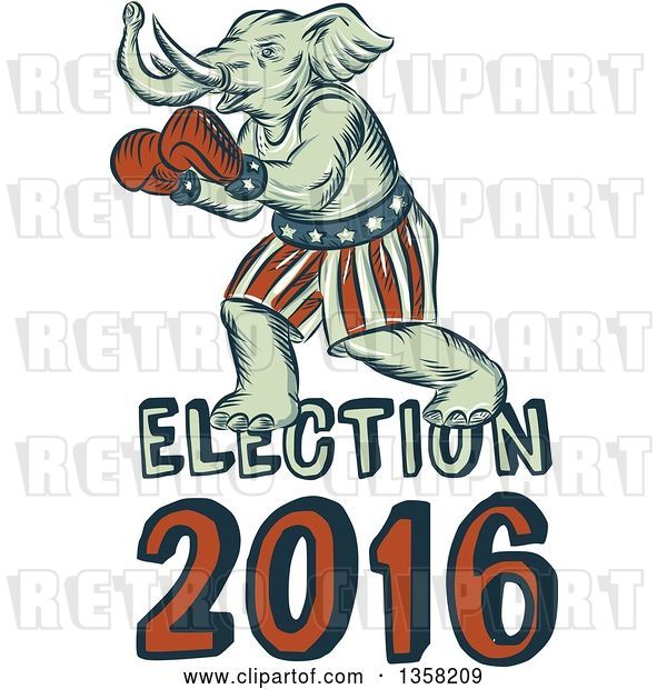 Clip Art of Retro Sketched or Engraved Political Elephant Boxer with Election 2016 Text