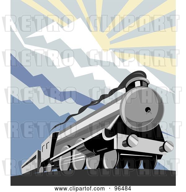 Clip Art of Retro Steam Engine Below the Sun Shining over Mountains
