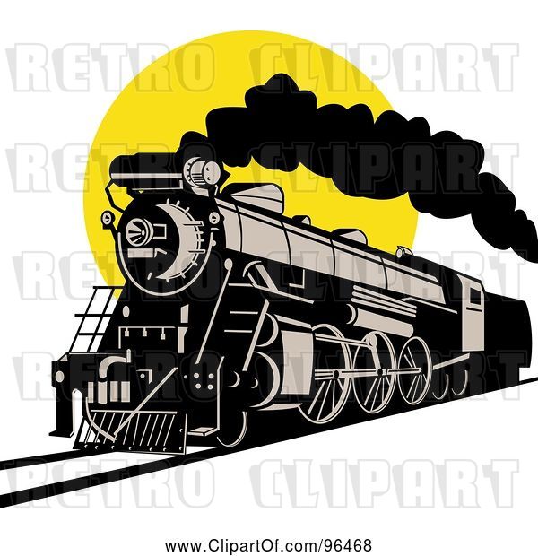 Clip Art of Retro Steam Engine Locomotive Against a Yellow Sun
