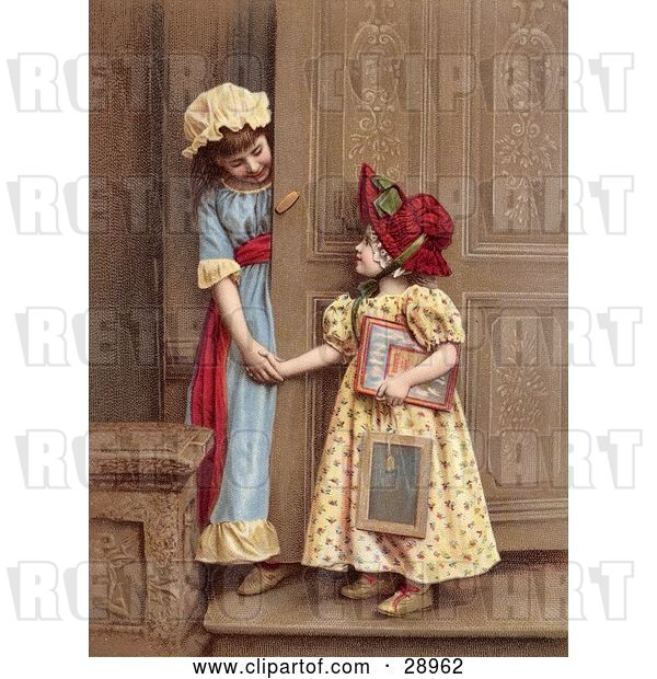 Clip Art of Retro Two Little Sisters at a Doorway, Smiling and Holding Hands, Circa 1880