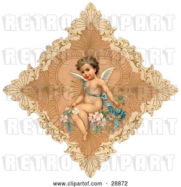 Clip Art of Retro Valentine of a Cute Cupid Draped in a Blue Ribbon, Sitting on Pink Flowers in the Center of a Delicate Diamond