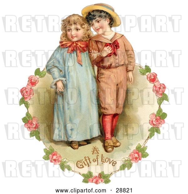 Clip Art of Retro Valentine of a Sweet Little Boy and Girl Strolling Arm in Arm, Looking off to the Side, Circled by a Heart of Pink Roses Circa 1886