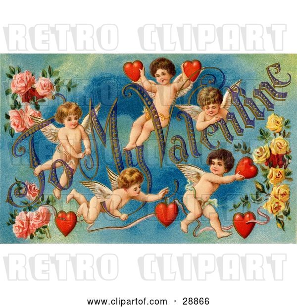 Clip Art of Retro Valentine of Five Playful Cupids with Roses, Decorated "To My Valentine" Text with Red Hearts, Circa 1911