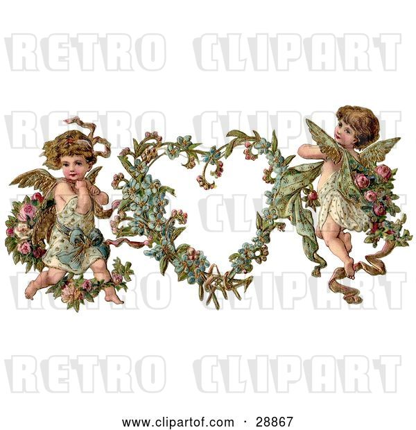 Clip Art of Retro Valentine of Two Adorable Cupids with Roses Beside a Gilded Forget Me Not Valentine Heart Wreath