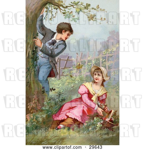 Clip Art of Retro Victorian Scene of a Little Boy Climbing a Tree While Showing off for a Girl As She Picks Flowers in a Garden, Circa 1890