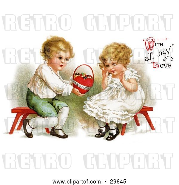 Clip Art of Retro Victorian Scene of a Sweet Little Boy Sitting on a Red Stool, Holding out a Basket of Candy to a Girl and "With All My Love" Text, by Ellen H. Clapsaddle, Circa 1912