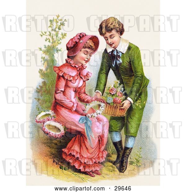 Clip Art of Retro Victorian Scene of a Sweet Young Boy Giving a Girl a Basket of Flowers for Her to Make Wreaths With, Circa 1886