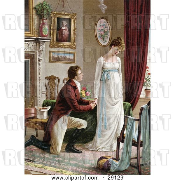 Clip Art of Retro Victorian Scene of a Young Guy on Bended Knee, Proposing to a Lovely but Pouty Young Lady in a Home Interior, Circa 1830