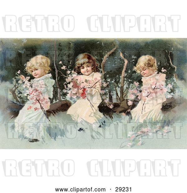 Clip Art of Retro Victorian Scene of Three Little Girls Sitting on a Fallen Tree and Making a Garland of the Pink Spring Blossoms, Circa 1890.